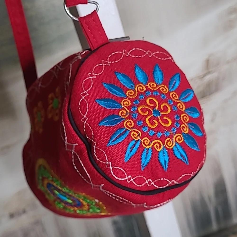 Embroidered Vibrant Colorful Boho Floral Round Cloth purse